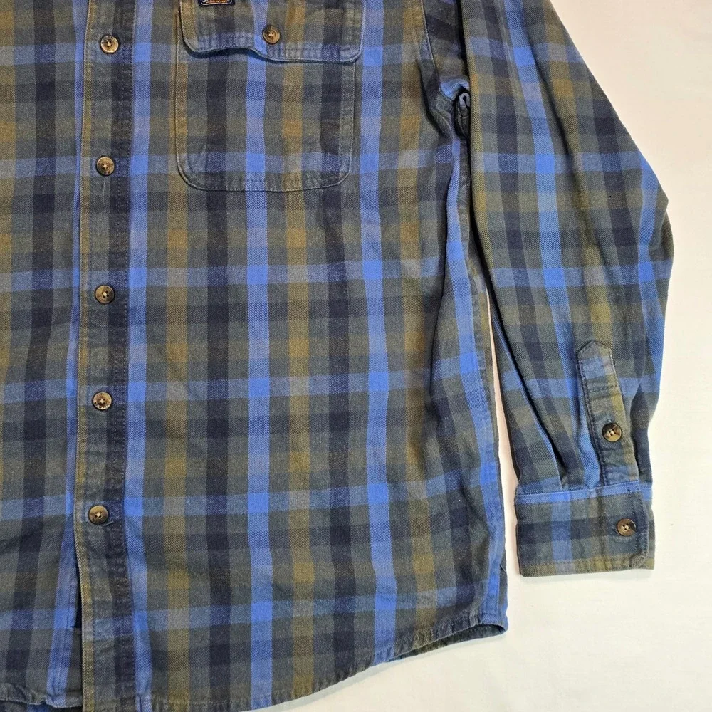 Smiths Workwear Mens Large‎ Flannel Shirt Blue Olive Green Plaid Long Sleeve L